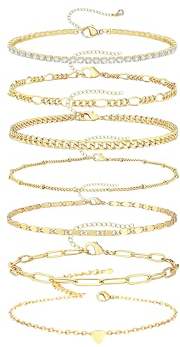 Lucktao 7 Stück Armband Damen Gold Ketten Set - Verstellbare Armbänder, Stapelbares Gliederarmband Schmuck für Damen und Mädchen