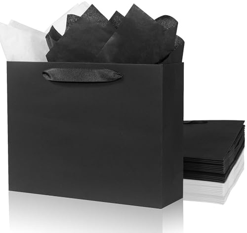 6 Stück 26.5x10x20.5cm Schwarze Geschenktüten mit Tissue-Papier, Kraft-Einkaufstaschen mit Bandhenkeln, Einzelhandel-Verpackungstaschen-Set für alle Anlässe