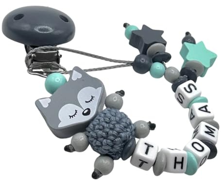 AVH Enterprise Personalisiertes Schnullerkettchen für Kinder | Mädchen oder Junge | wunderschöne individuelle handmade Produkte (Fuchs, Grau)