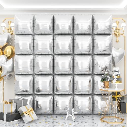 Silver Square Foil Balloons Wall Tunnel Backdrop Double Sided Metallic Balloon Arch Garland Kit For Anniversary Disco Engagement Bridal Birthday Graduation Party Decorations