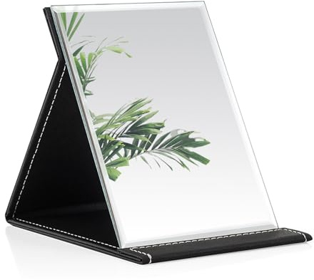 Miroir de voyage pliable - 25 x 18 cm - En cuir synthétique noir - Super HD - Portable - Grand miroir de maquillage - Noir - Pour dessus de table, rasage, maquillage