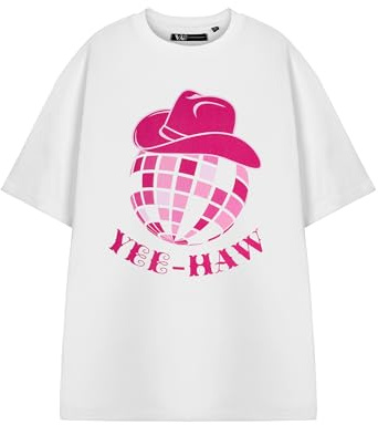 Show Me The Merch Womens Yee-Haw White Short Sleeved T-Shirt | Graphic Tee Cowgirl Design | Western Style Top | Rodeo Fashion Apparel | Country Music Lover Gift for Women and Girls