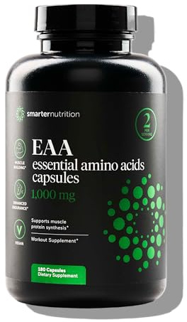 SMARTERNUTRITION Essential Amino Acids (EAA) Capsules - 1 Gram Per Serving of All 9 EAAs - Supports Muscle Mass & Exercise - Non-GMO, Vegan, Gluten Free - 180 Count[90-Day Supply]