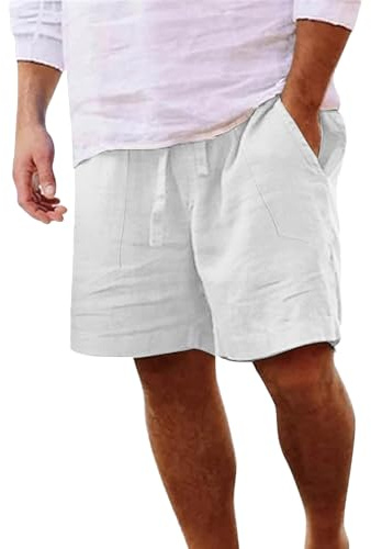 LVCBL Shorts herr sommar linneshorts lätta luftiga bermuda fritid korta byxor, Vit, XL