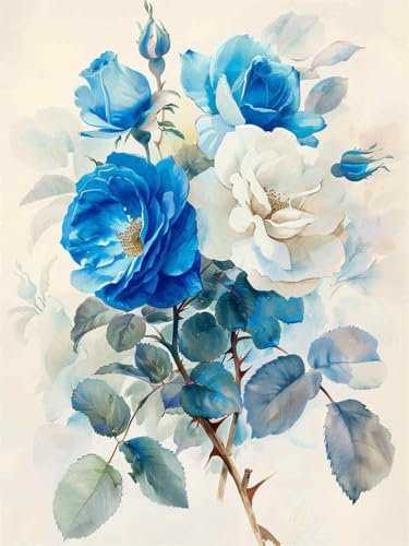 AYAOYANGGO 11CT Kreuzstich Set Stickset Mit Blauen Und Weißen Blumen，Fantasieblumen，Kreuzstich-Set Für Erwachsene Mit Nadeln，Schereneinfädler，Vordruck Für Die Wanddekoration Zu Hause 40x50cm