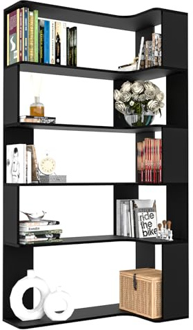 OXFENSEE Libreria ad Angolo, Scaffale angolare a 5 ripiani, in Legno, Altezza: 169 cm, Grande Scaffalatura Aperta, Stile Moderno Mobile di Stoccaggio per Soggiorno, Studio, Camera da letto, Nero