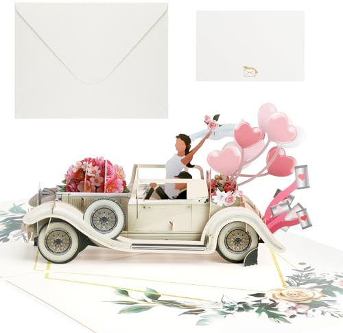 APOMOON Tarjeta de boda 3D Pop Up con sobre, Tarjeta de felicitación hecha a mano coche de boda con la novia y el novio para el Día de San Valentín aniversario de compromiso, 15x20cm