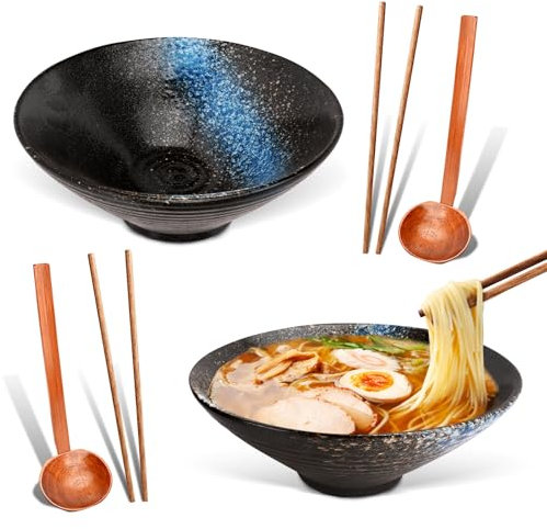 HOMIKLSA 2 Cuencos de Ramen Cerámicos con Cuchara y Palillos - 1000ml Tazones Japoneses Multifunción para Sopas, Ensaladas y Pasta, Diseño Tradicional con Acabado Antimanchas(azul)