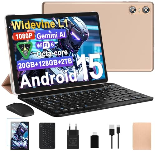 Tablette Android 15 Tablette 10 Pouces 20Go RAM + 128Go ROM(2To Extensible), Octa-Core, GMS Tablette Tactile, WiFi 6, 5G Wi-FI, Widevine L1, 6000mAh, GPS, Tablettes avec Clavier+Souris et Cas-Or