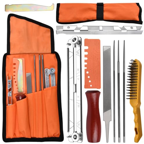 LEONTOOL 10-teiliges Kettensägen-Schärfer-Feilen-Set, 5/32, 3/16, 7/32 Rundfeilen, 6 Flache Feile, Drahtbürste, Holzgriff, Tiefenmesser, Messgerät, Feilanleitung