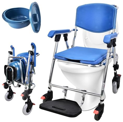 VFDZ Silla de Ducha con Ruedas Plegable para Personas Mayores, 150kg | Silla de Ruedas para Ducha y WC, Silla Baño Ancianos Ducha Plegable con Cómodo Asiento y Respaldo, 4 Ruedas con Frenos