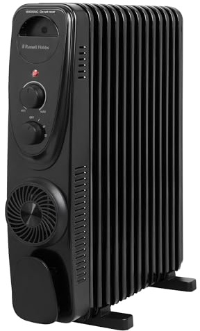 Russell Hobbs 13 Fin Oil Filled Radiator 2500W, Black Portable Electric Heater with 3 Heat Settings and Fan, Wheels & Integrated Handle, Overheat & Tip Protection, 29m² Room Size, RHOFR2403B