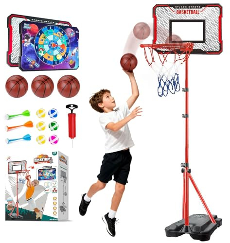 Basketball Hoop for Kids, 3 in 1 Dart Board with Darts & Small Balls and 3 Mini Basketballs, Adjustable Basketball Stand with Basketball Hoop Height 3.7FT-6.2FT, Toy Gift for Boys Girls Ages 3+
