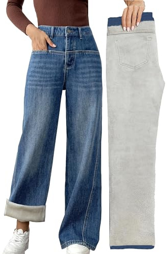heipeiwa Women's Fleece Lined Jeans Wide Leg Baggy Winter Thermal Flannel Flare Jean Y2K Denim Pants Blue