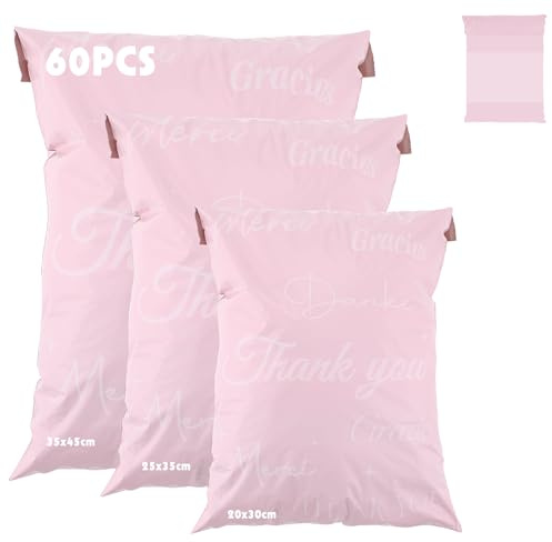 60 Stück Versandtaschen Rosa, 3 Größen Versandbeutel Versandtüten für Kleidung Packung Dokumente Wasserdichter Verpackungsbeutel mit Selbstklebeverschluss