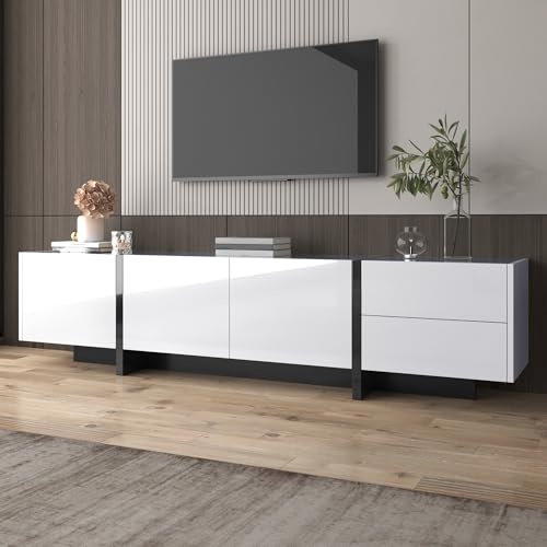 Meuble TV bas, 190 cm, blanc brillant avec pieds noirs, meuble TV moderne, 3 portes avec étagères, 2 tiroirs à fermeture amortie, design Colorblock sans poignée pour le salon