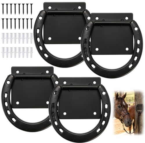 Cididu 4 Pack Cross Tie Ring for Horse, Heavy Duty Horseshoe Tie Ring with Screws, Solid Steel Tie Down Hooks, Hitching Ring Horse Barn Supplies for Stall Stable Racetrack Horse Training Equipment