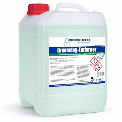Ravensberger Chemie Grünbelagentferner Konzentrat – Biozid gegen Algen, Grünbelag & mikrobiellen Bewuchs – VOC-frei, kein Nachwaschen – für Terrassen, Fassaden & Pflaster - 5 Liter Kanister