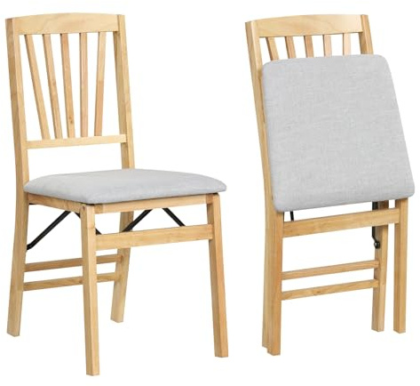COSTWAY Folding Chair Set of 2/4, Rubber Wood Upholstered Dining Chairs with PVC Leather/Linen Fabric Seat & Backrest, Kitchen Office Conference Side Chair Seating (2, Linen Fabric, Natural + Grey)