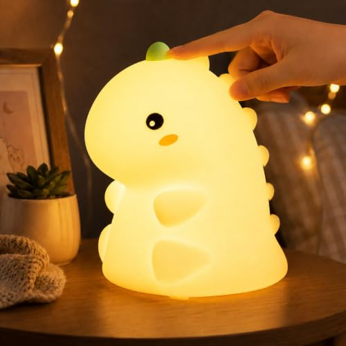 GOODEA Nachtlicht Kinder Dino, Ultra Weiches Silikon Nachtlicht Baby | 1200mAh Aufladbar & 30Min Timer Baby Nachtlicht mit Klopfsteuerung, 3 Helligkeit Stilllicht für Mädchen Jungs Geschenk