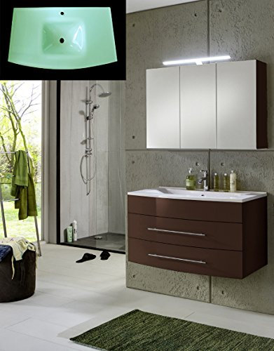 SAM® Design Badmöbel-Set Basel 2 teilig, Hochglanz braun, 100 cm, Milchglasbecken in grün, Badezimmer mit Softclose-Funktion, bestehend aus 1 x Spiegelschrank, 1 x Waschplatz