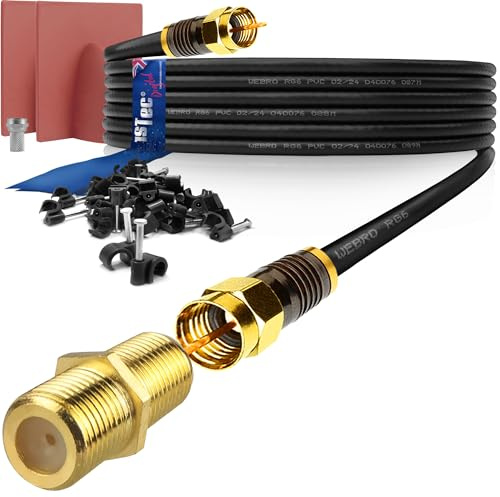 1STec 50m Long Black Gold Plated Male to Male Super Fast Virgin Media Webro RG6 Extension Cable with Female Joining Coupler for V6 TIVO Set Top Box or VIVID Fibre Super Hub Broadband Modems 50 Metre