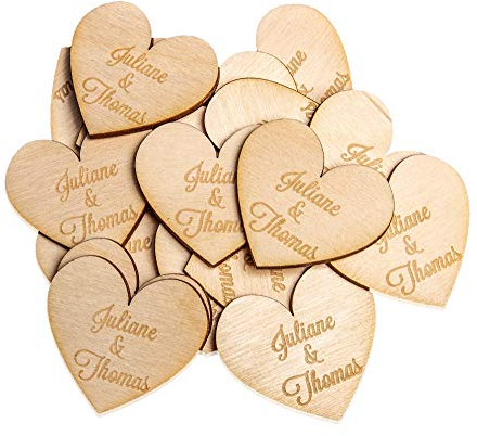 100 Stück 50mm Streudeko Herzen - Gravur mit Namen - Personalisiertes Hochzeitsgeschenk & Hochzeitsdeko - Deko Holzherzen für Tischdeko & Tischschmuck DIY Vintage