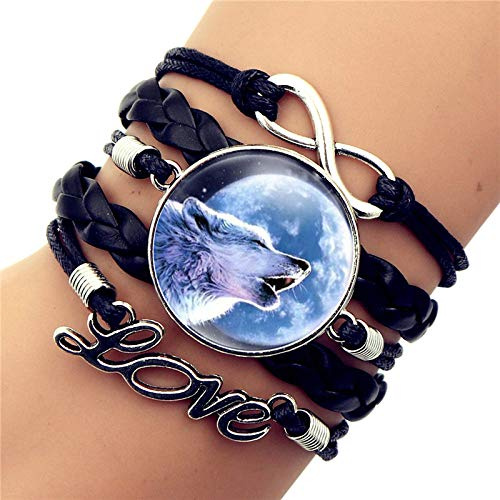Damen Bettelarmband - Howling Wolf Zeit Edelstein Armband in Schwarz, Multi-Layer aus Geflochtenem Leder, Europäischen und Amerikanischen Perlen - Geburtstag Geschenk V