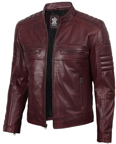 fjackets Cafe Racer burgundy leather jacket men - Leather Biker Motorcycle Jacket Red Leather - Austin Red Maroon | [1107053] M