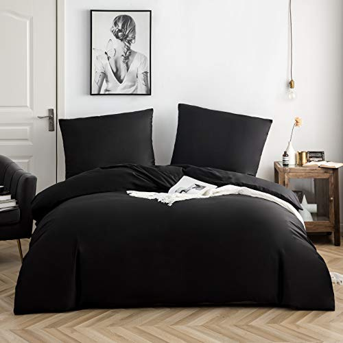 AYSW Baumwolle Bettwäsche 200x220 cm Schwarz 3er Set 1 Bettbezug mit 2 Kopfkissenbezug 80x80 cm