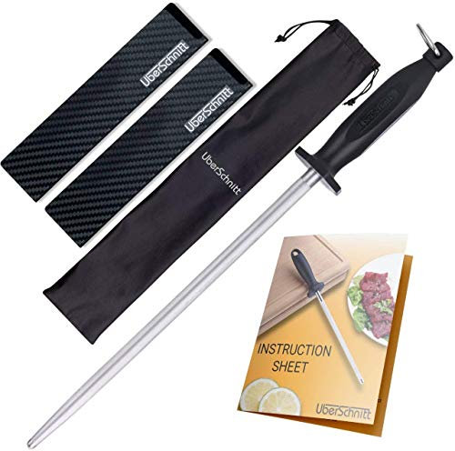 UBERSCHNITT Top Chef’s 12' Knife Rod + Guard Honing Steel Complete Kit | Professional Carbon & Luxury Carry Bag – Universal / Stick for Kitchen, Butcher, Chef Knives and More(12)