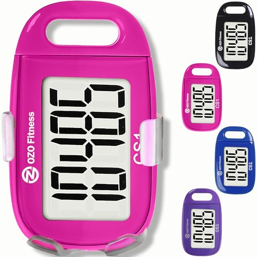 OZO Fitness Clip-on 3D Pedometer for Walking Steps Counter with Lanyard, Simple Exercise Tracker for Women and Seniors with Large Accurate Digital Display, Portable Minimalist Sports Monitor, Pink