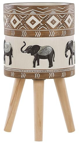 Beliani Cache-Pot Support Plantes avec 3 Pieds en Bois 25 cm de Diamètre Motif Éléphants Peint à la Main Idéal à la Fois pour Extérieur et Intérieur