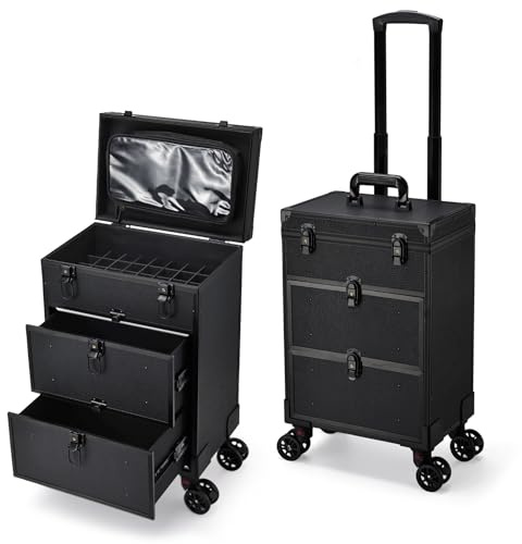 Professional 3 in 1 Rolling Makeup Case Cosmetology Case on Wheels 2 Large Drawer Nail Case Trolley Traveling Cosmetic Train Case with Makeup Pouch for Artists Nail Technician Salon Cart Trunk Black