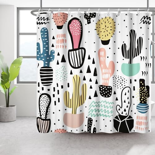 Bovlleetd Planta de Cactus Cortina de Ducha Línea Abstracta Baño de Dibujos Animados Cortinas de Ducha Colorido Desierto Cactus Arte Cortinas Decoración de baño para niños Baño Hotel