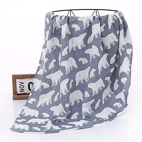 Chickwin Musselin Babydecke Baumwolle Kuscheldecke, Tierdruck Bequem Weich 2 lagig Musselin Tuch Decke für Junge Mädchen Neugeborene, Wickeldecke, Badetuch, Kinderdecke (Blauer Eisbär,120x110cm)