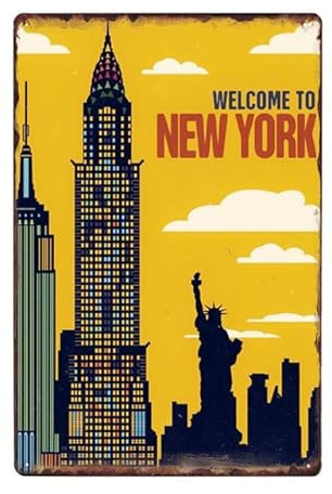 ABCDEFG Targa in metallo vintage da parete con bandiera New York USA Club Toilette, 20 x 30 cm