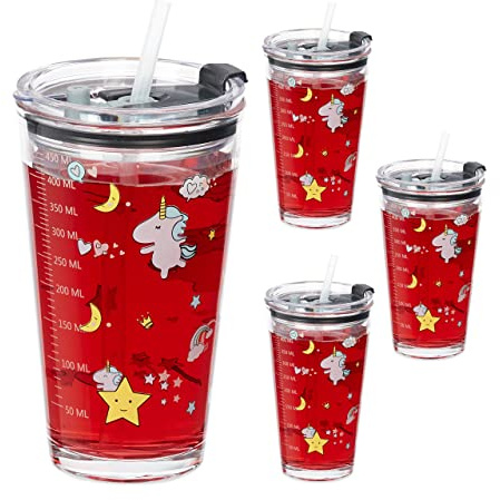 Relaxdays Kindergläser 4er Set, Einhorn-Motiv, Trinkglas Kinder, Deckel & Strohhalm, 450 ml Skala, Saftglas, transparent
