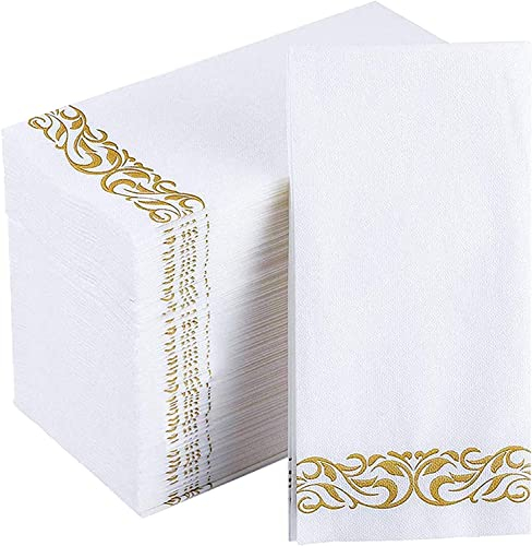 MORGIANA Servilletas CláSicas de Tacto Lino, Servilletas de Papel Dorado y Blanco, Toallas de Mano Diarticuladas Como Tela para Invitados, para Fiestas, Aniversarios (100 paquetes)