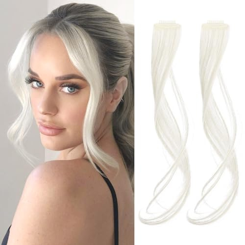 Flufymooz Side Air Bangs, 2 Stück Clip-in-Ponys für die Vorderseite, Pony-Haarspangen zum Anklipsen mit Schläfen, synthetischer langer Drachenbart-Pony, 30 cm (Weißblond)