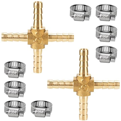 nutmanel Messing Kreuz 4 Way Schlauchverbinder 6mm 4-Wege-Schlauchverbinder mit 8 Stück Schlauchklemmen