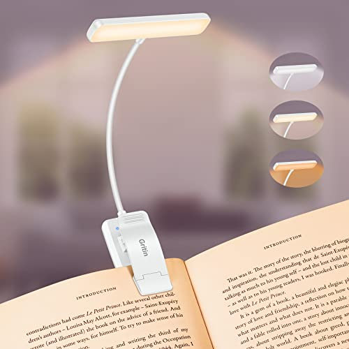 Gritin 19 LEDs Lampada Luce da Lettura per Libro, Luce per Lettura Libri a Letto con Clip, Ricaricabile, 3 Temperature di Colore, Dimmerabile Senza Livelli, Lunga Durata, per Studio, Lavoro a Maglia