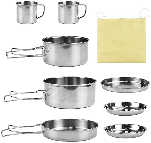 Kleemeiero 8 Pezzi Pentole da Campeggio Acciaio Inox Stoviglie da Campeggio 2 Persone Cucina da Campeggio Pieghevole per Escursionismo Picnic con 3 Pentole 2 Ciotole per Pasta 1 Piatto Piano 2 Tazze