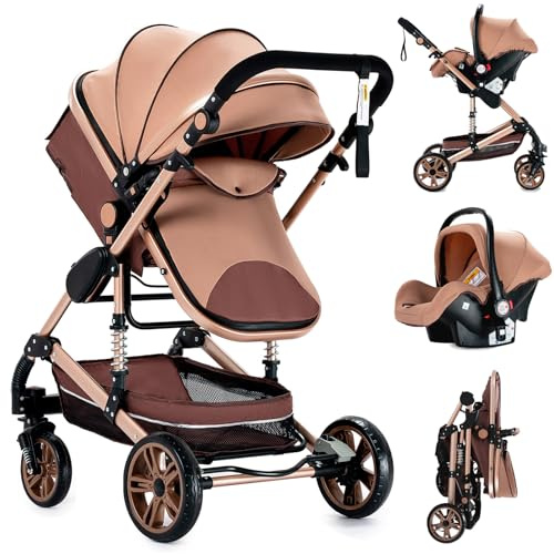 MoLi Kinderwagen 3 in 1, Kinderwagen mit Umkehrbarem Doppelschiebemodus, Buggy mit Großer Bequemer Babywanne, Kombikinderwagen 3 in 1 Rahmen Aluminiumlegierung Faltbar Hohe Landschaft (739 Khaki)