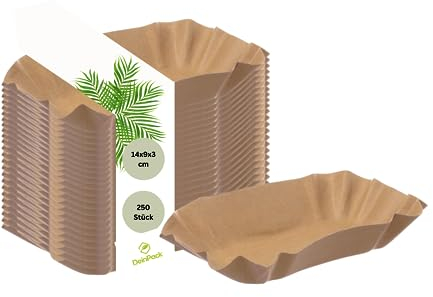 DeinPack Pappschalen eckig 14 x 9 x 3 cm I Imbissteller braun aus Recyclingkarton für Pommes Currywurst I recycelbar und umweltfreundlich I Pommesschalen rechteckig 250 Stück