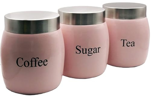 Nobel Set of 3 Stainless Steel Tea Coffee Sugar Canisters,Storage Barrel Style, Rust Resistant,Powder Coated Ideal for Kitchen Storage Coffee Granules, Tea Leaves & Bags & Sugar Cubes (PINK)