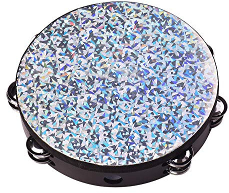 HUIOP Horloge à main tambourin rayonnante en bois de 10 pouces Tambour à main à double rangée Jingles Tête de tambour réfléchissante lumineuse Jouet instrument à percussion pour adultes Enfants Danse