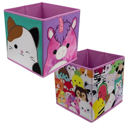 Squishmallows Officially Licensed Storage Boxes | 2 pack Foldable Storage Cubes Cat, Unicorn Design | Perfect For Organising Children's Room, Kids Playroom, Multicoloured