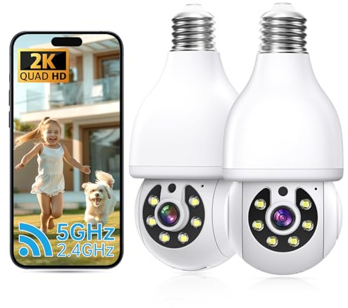 2K Light Bulb Security Camera 5G&2.4G WiFi Security Cameras Wireless Outdoor Indoor,360°Bulb Cameras for Home Security Outside Indoor,Motion Detection and Alarm,Two-Way Talk,Color Night Vision 2 Pack