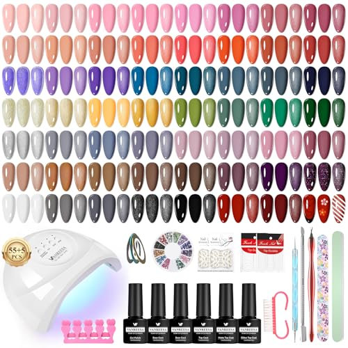 VANREESA Kit Verni Semi Permanent, 55 Couleurs Kit Ongle Gel U V Complet 77 PCS avec Top Base Mat Pailleté Coat et Lampe LED 48W U V et Outils de Manucure, Kit Manucure pour Débutants